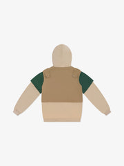 Back view of a beige and green jacket with a hood on a white background