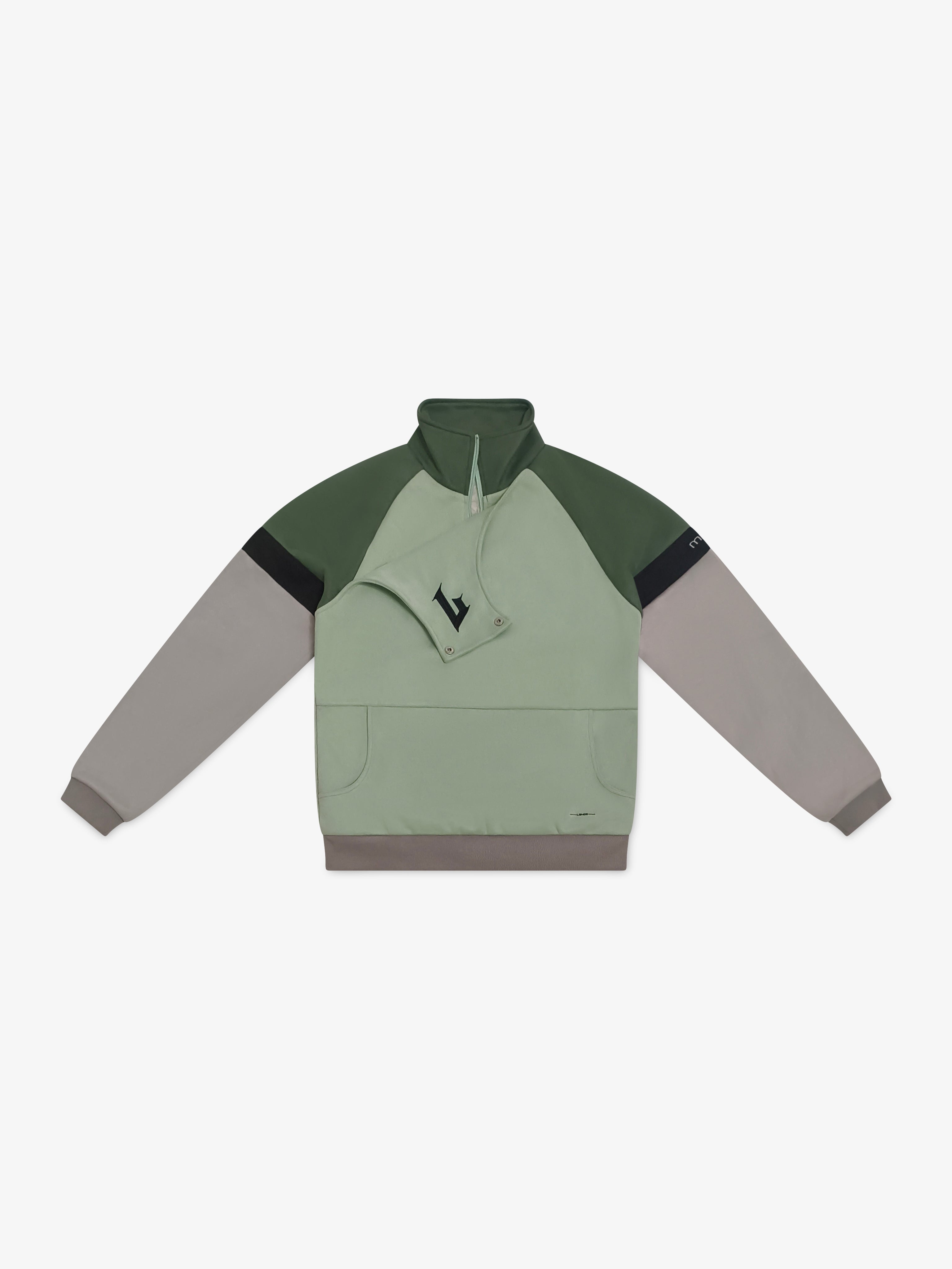 Green and gray pullover with a zipper on a white background