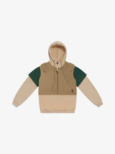 Beige and green jacket with a hood on a white background