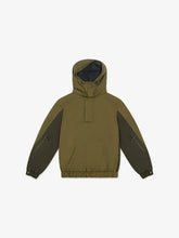 Green hooded jacket with black sleeves on a white background
