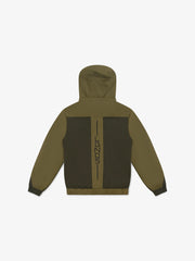Green hooded jacket with a brand logo on the back against a white background