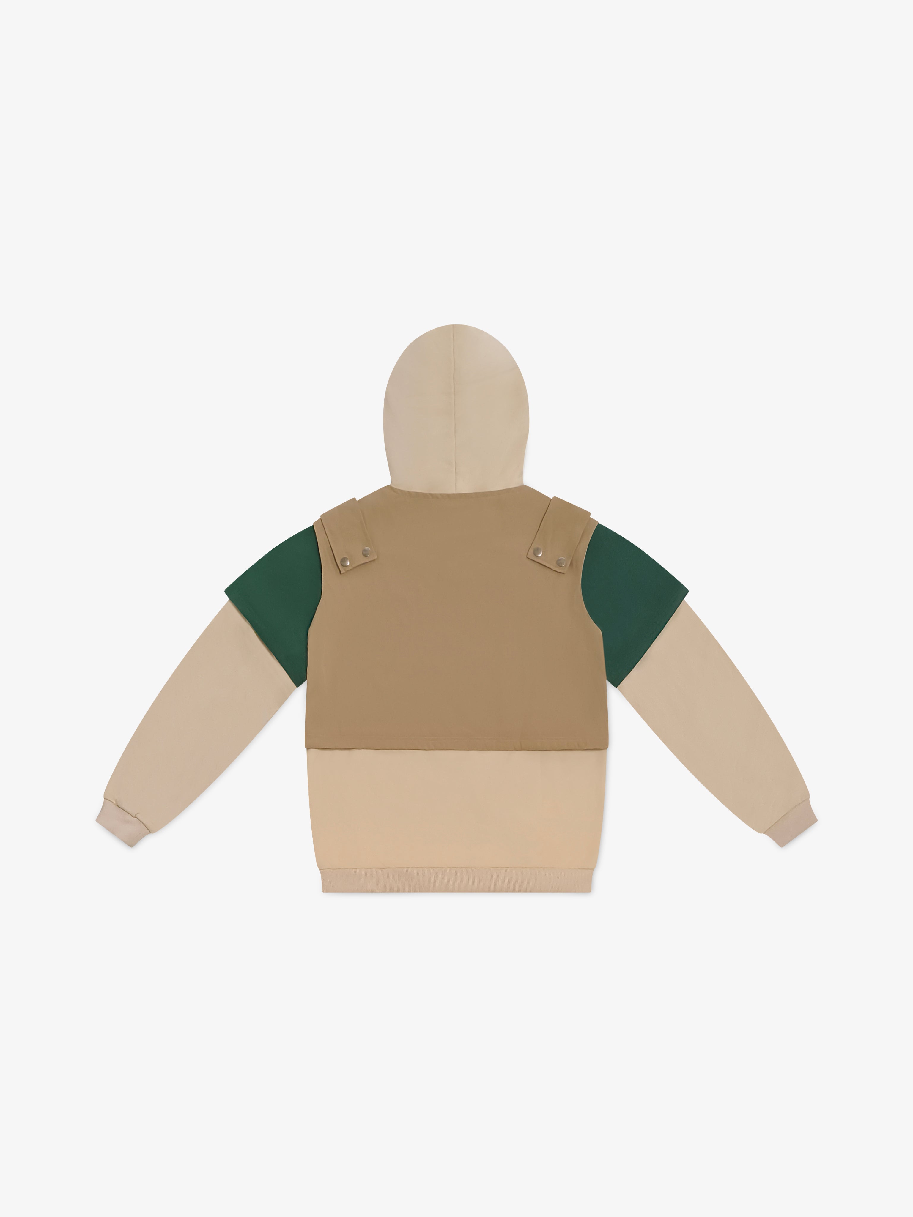 Back view of a beige and green jacket with a hood on a white background