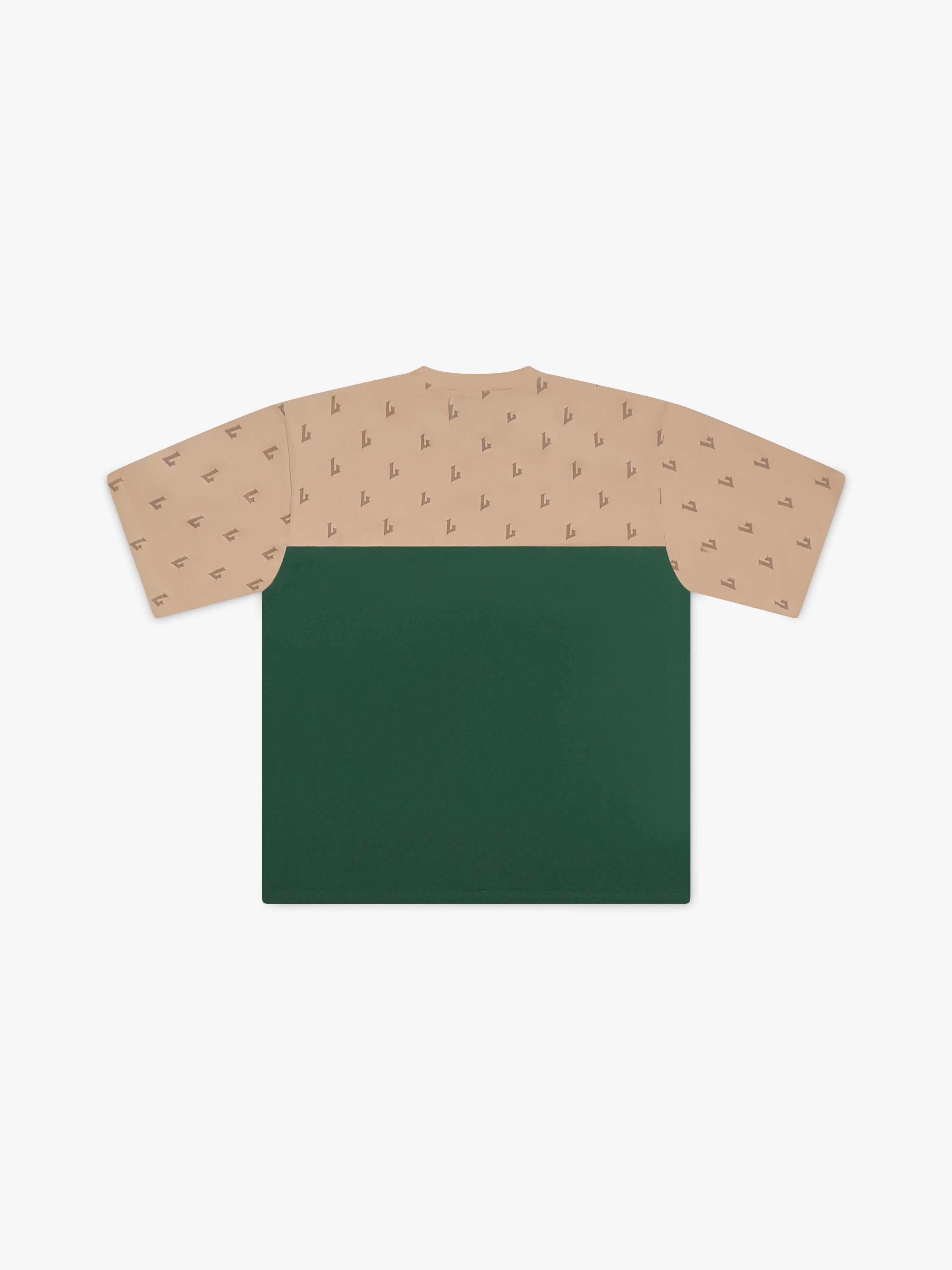 Two-tone shirt with beige patterned top and green bottom on a white background