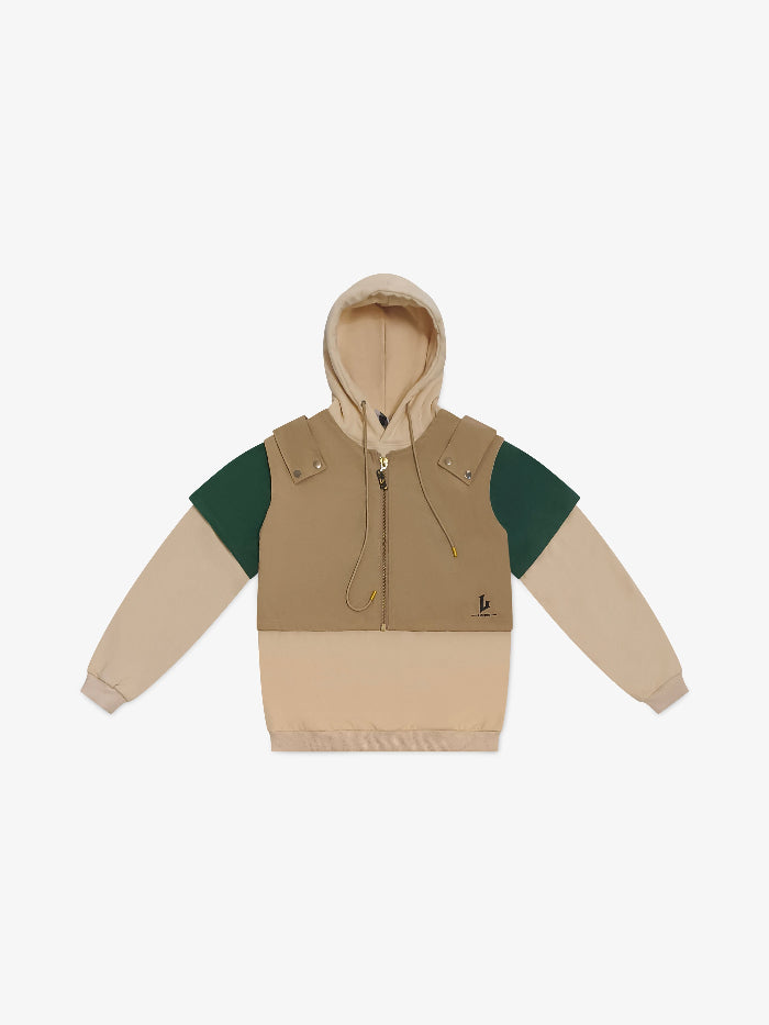 Beige and green jacket with a hood on a white background