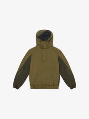 Green hooded jacket with black sleeves on a white background
