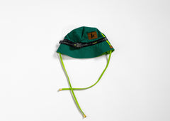 Green bucket hat with a brown logo on a white background